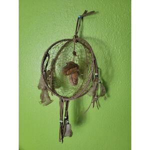 Vintage Hand Made Native American Dream Catcher 3D Circular Feather Tiny Shoes